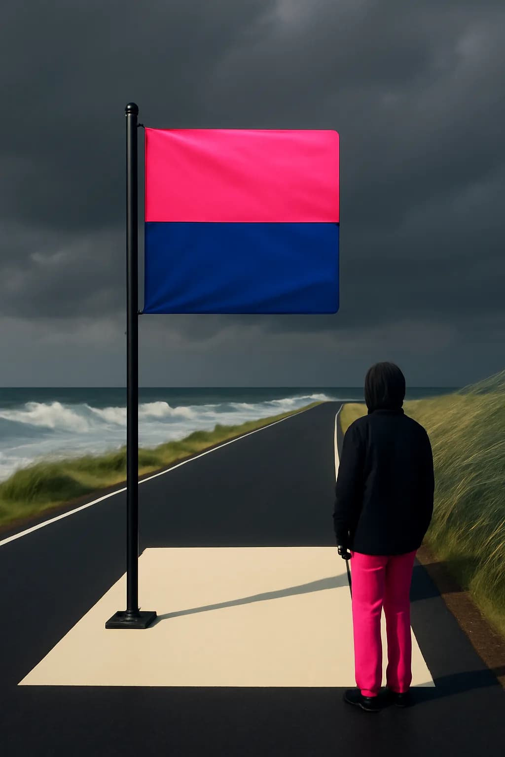 A realistic coastal road with sea spray, wind-shaped grass, dramatic sky, and a clean cinematic composition. bold blocks of color arranged as a readable feed-first scene