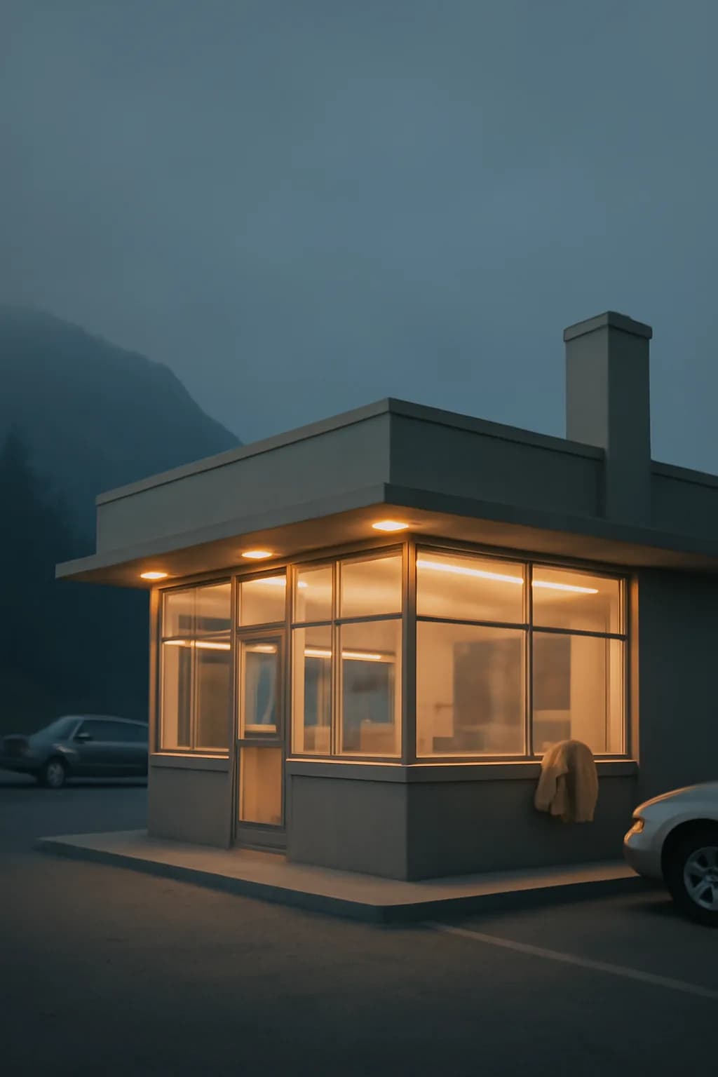 A realistic roadside mountain diner at blue hour with glowing windows, parked cars, mist, and quiet atmosphere. clean architectural geometry with one small emotional detail