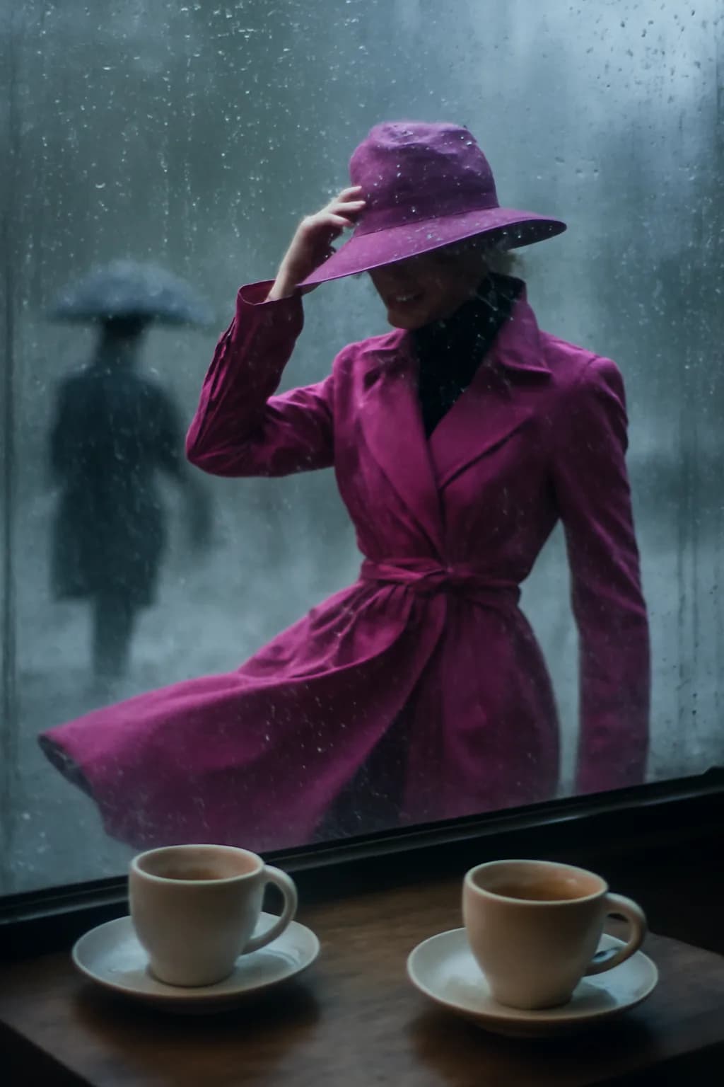 A realistic cafe window at morning rush with layered reflections, coffee cups, pedestrians, and soft street light. a normal place interrupted by one precise weather event