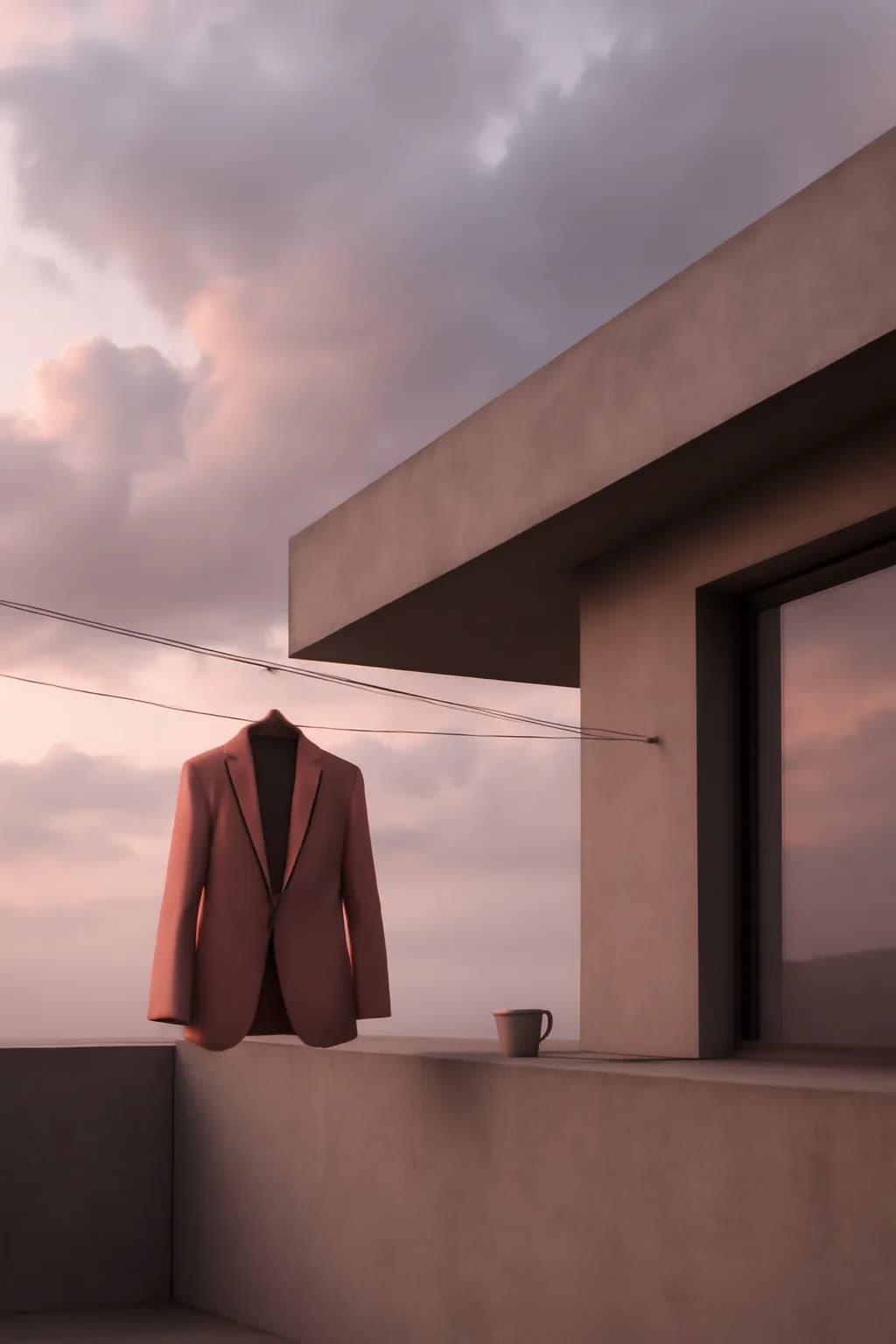 A realistic rooftop laundry line above a dense city, with dramatic clouds, soft wind, and glowing late afternoon light. clean architectural geometry with one small emotional detail
