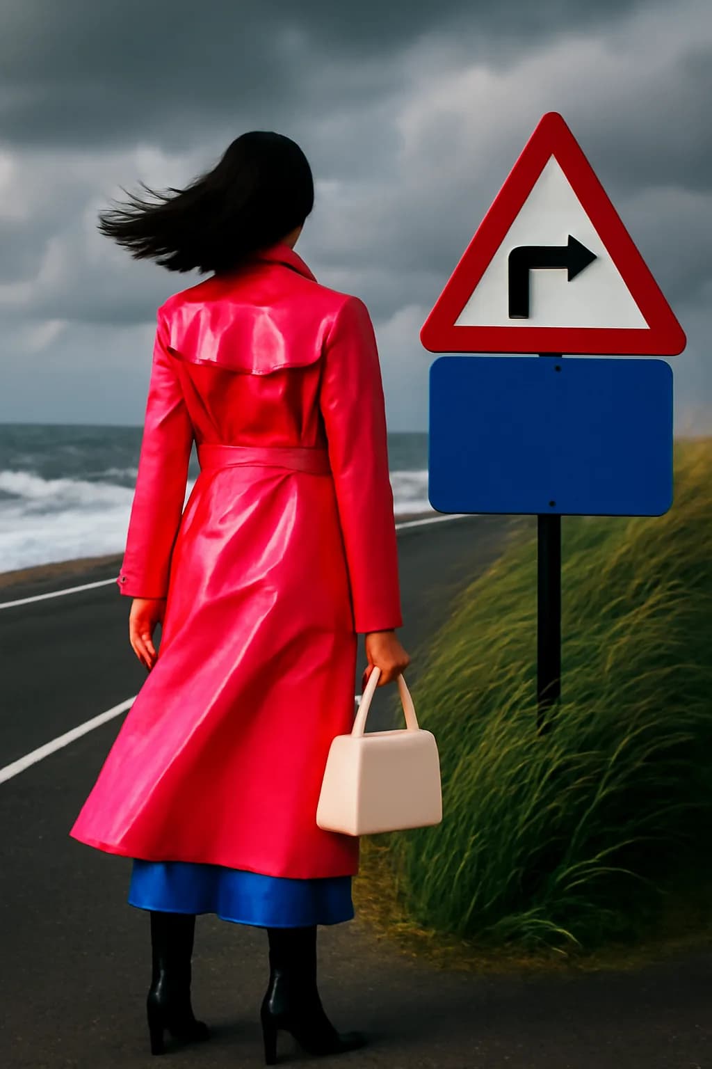 A realistic coastal road with sea spray, wind-shaped grass, dramatic sky, and a clean cinematic composition. bold blocks of color arranged as a readable feed-first scene