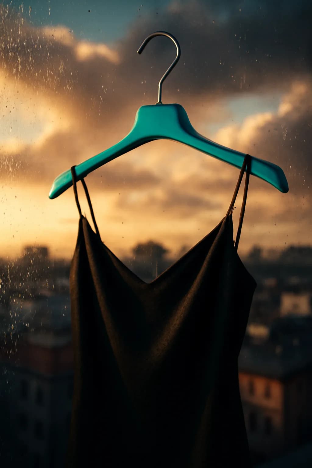 A realistic rooftop laundry line above a dense city, with dramatic clouds, soft wind, and glowing late afternoon light. one memorable object dominates the frame with a clear silhouette and generous negative space