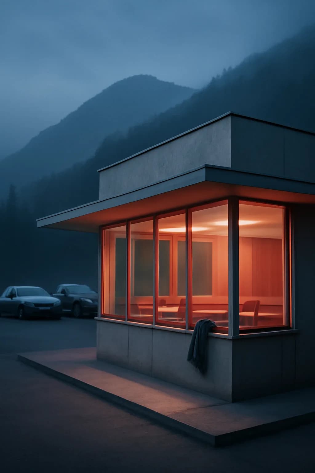 A realistic roadside mountain diner at blue hour with glowing windows, parked cars, mist, and quiet atmosphere. clean architectural geometry with one small emotional detail