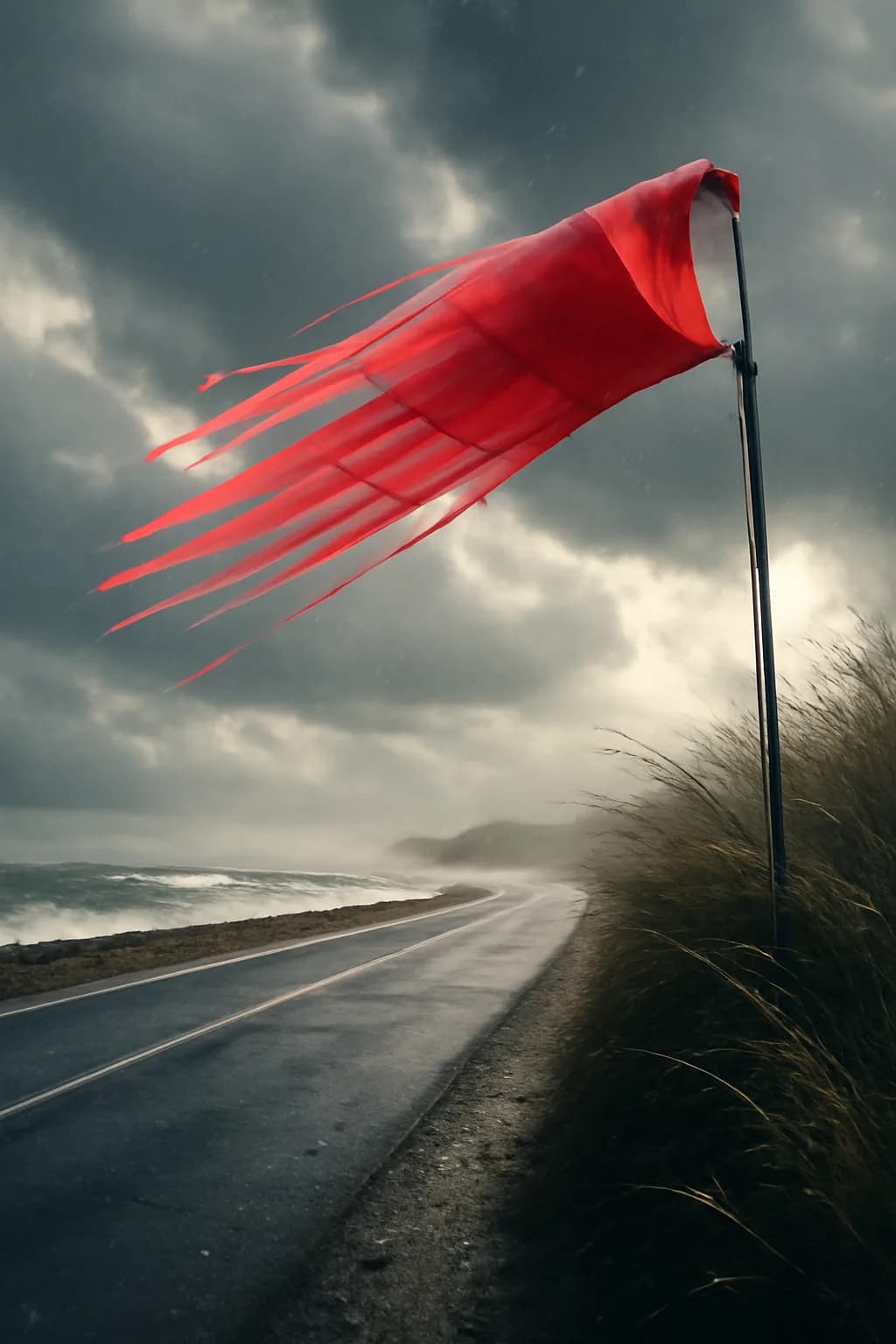 A realistic coastal road with sea spray, wind-shaped grass, dramatic sky, and a clean cinematic composition. a normal place interrupted by one precise weather event