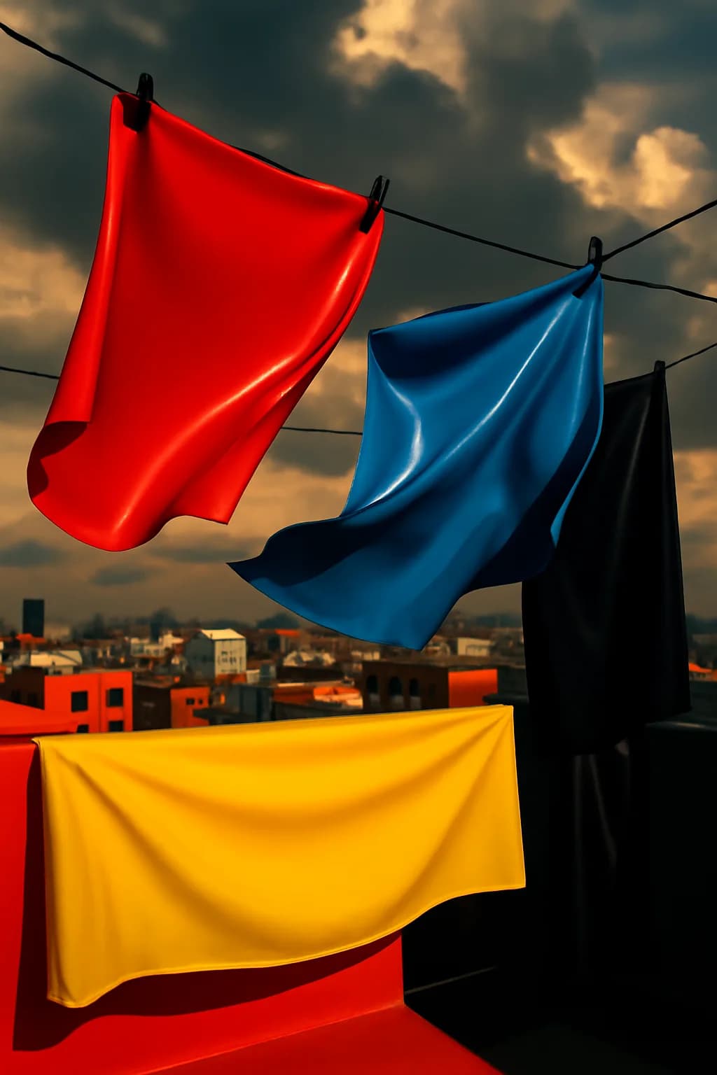 A realistic rooftop laundry line above a dense city, with dramatic clouds, soft wind, and glowing late afternoon light. bold blocks of color arranged as a readable feed-first scene
