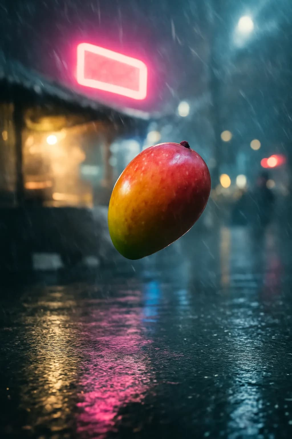 A photorealistic rainy night street market with neon reflections, wet pavement, and a cinematic city glow. a normal place interrupted by one precise weather event