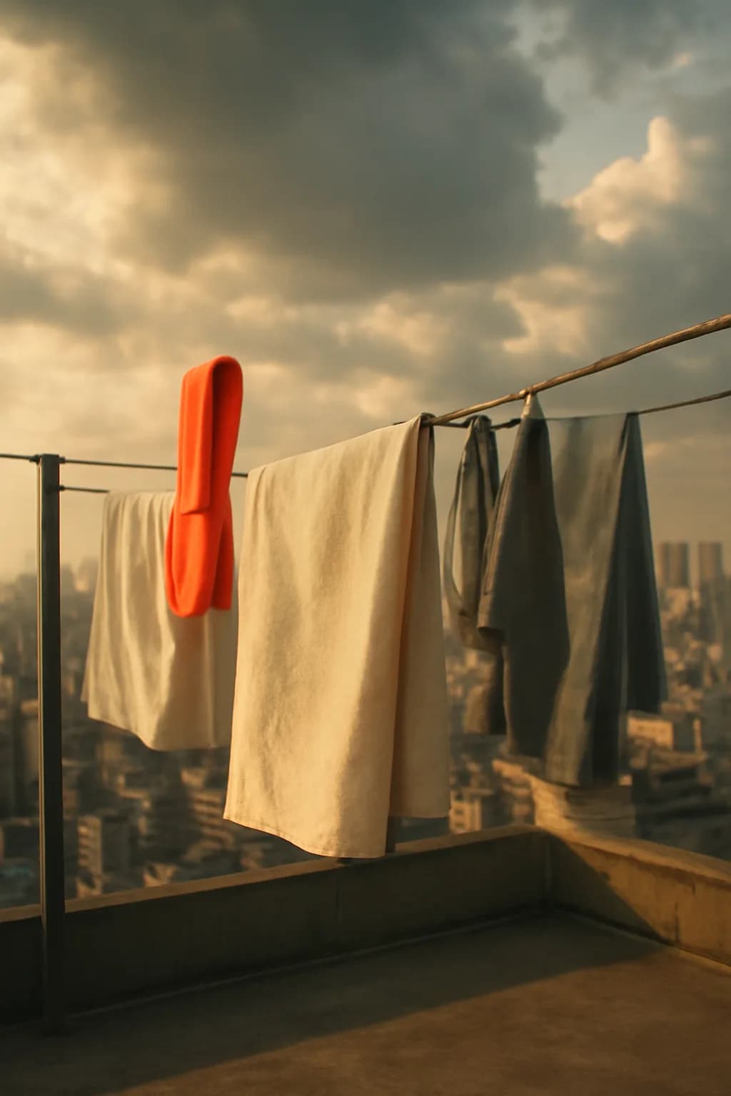 A realistic rooftop laundry line above a dense city, with dramatic clouds, soft wind, and glowing late afternoon light. one impossible detail inside an otherwise believable everyday scene