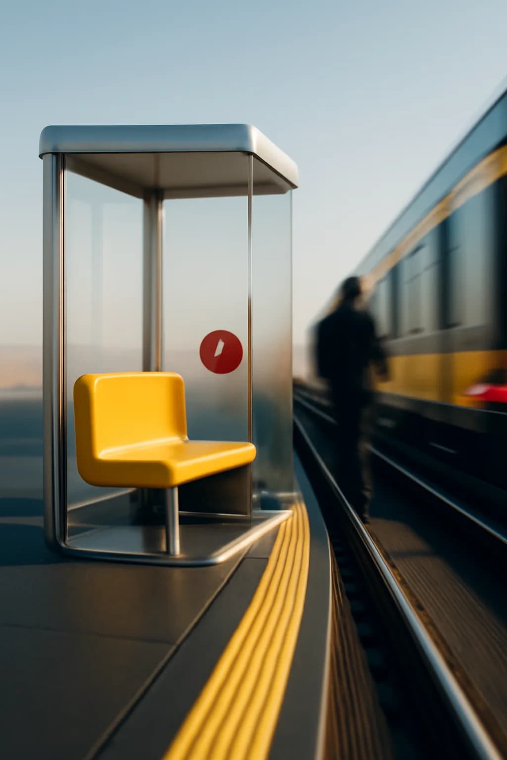 A realistic glass transit station in a desert at sunrise with warm light, long shadows, and a quiet futuristic mood. a fast transit-adjacent glimpse with strong leading lines