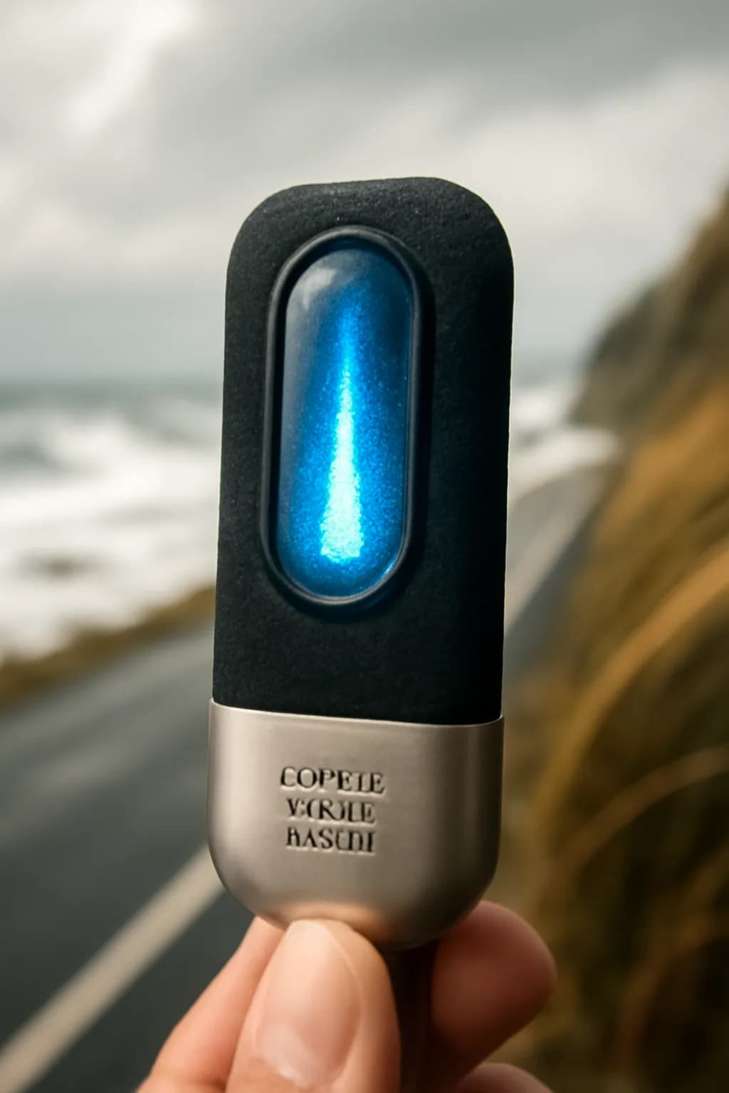 A realistic coastal road with sea spray, wind-shaped grass, dramatic sky, and a clean cinematic composition. one memorable object dominates the frame with a clear silhouette and generous negative space