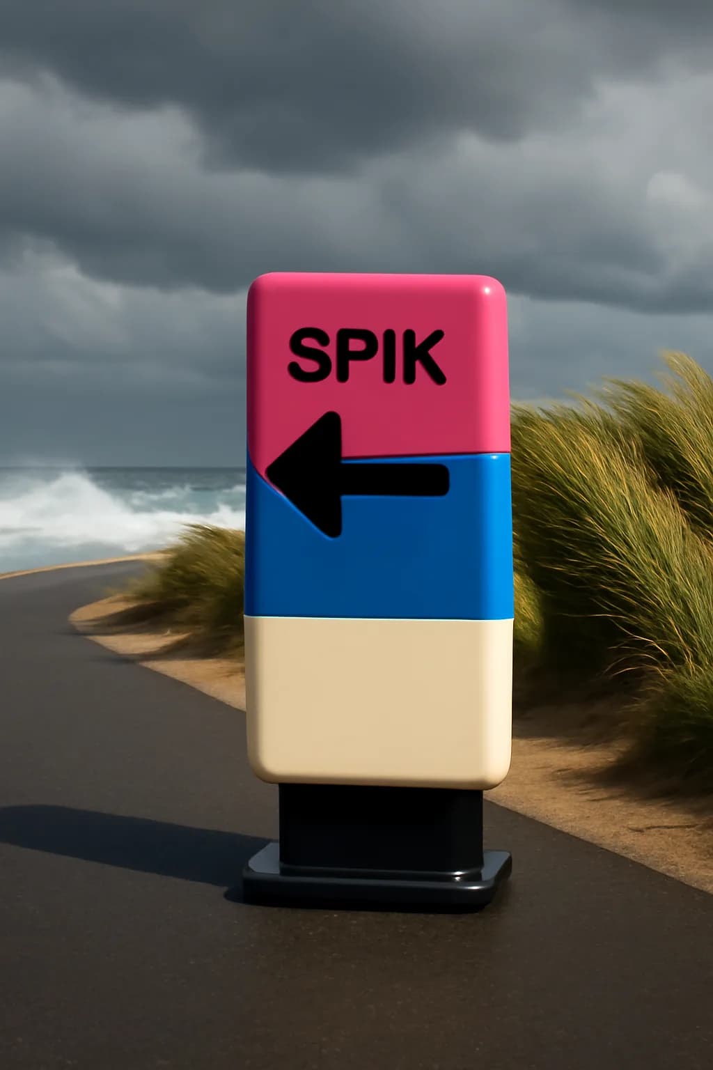 A realistic coastal road with sea spray, wind-shaped grass, dramatic sky, and a clean cinematic composition. bold blocks of color arranged as a readable feed-first scene
