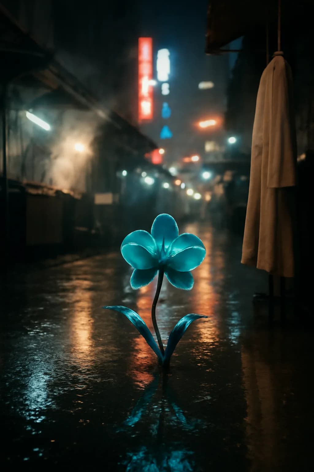 A photorealistic rainy night street market with neon reflections, wet pavement, and a cinematic city glow. one impossible detail inside an otherwise believable everyday scene