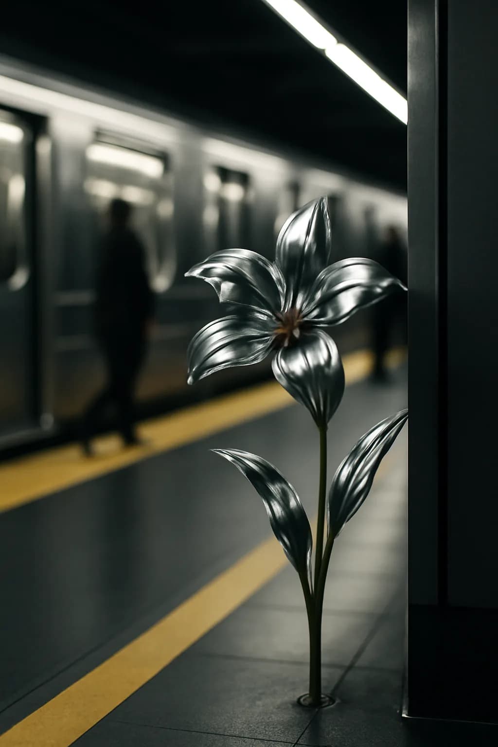 A realistic underground metro platform with a vivid flower installation, moody lighting, and cinematic depth. a fast transit-adjacent glimpse with strong leading lines