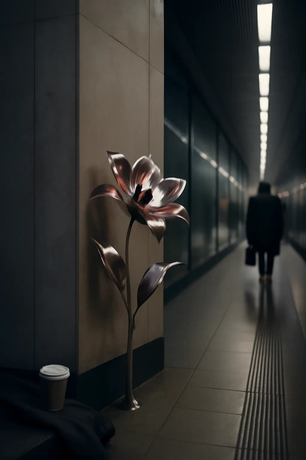 A realistic underground metro platform with a vivid flower installation, moody lighting, and cinematic depth. clean architectural geometry with one small emotional detail