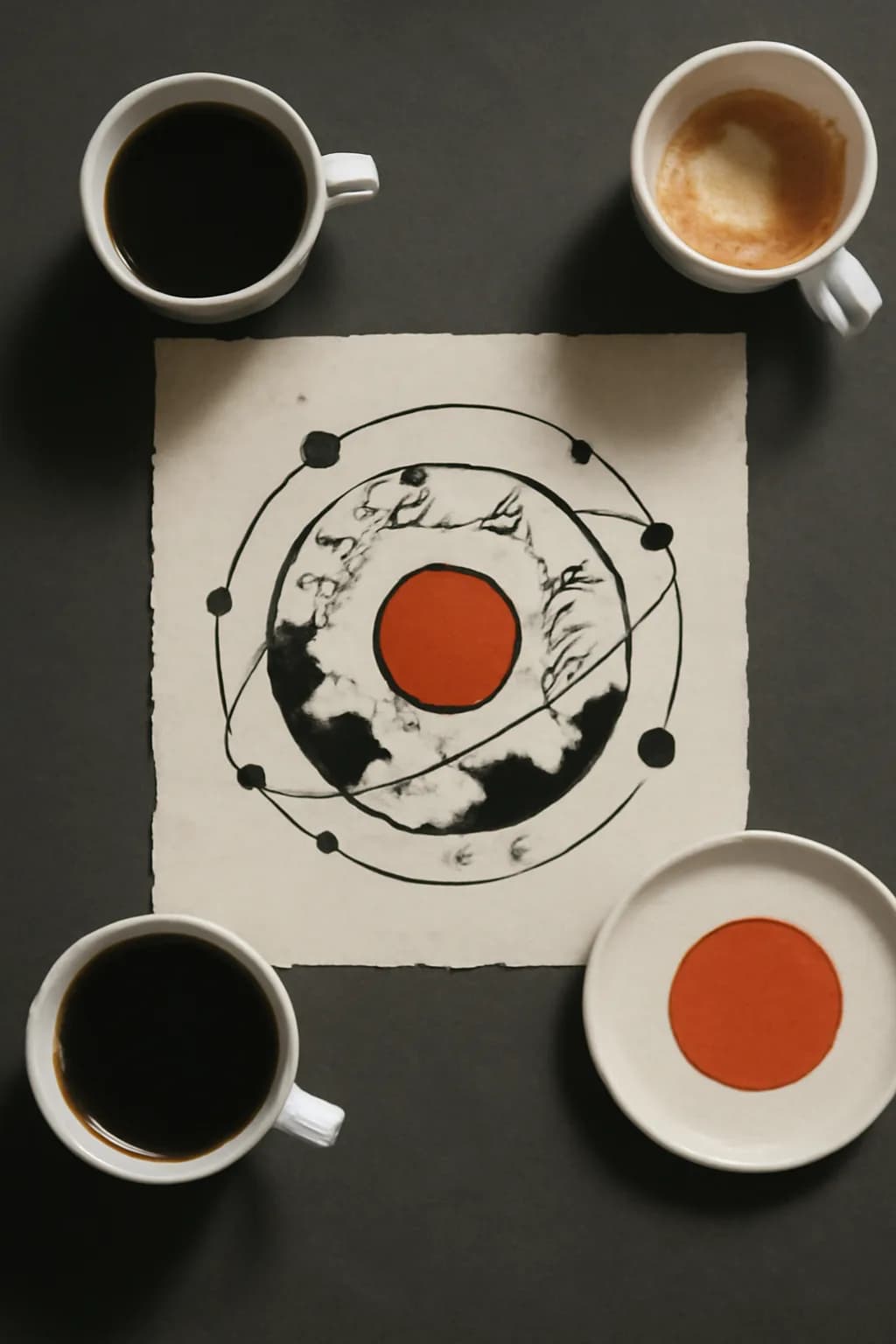 A realistic cafe window at morning rush with layered reflections, coffee cups, pedestrians, and soft street light. top-down scene arranged like a ritual table, each item instantly readable