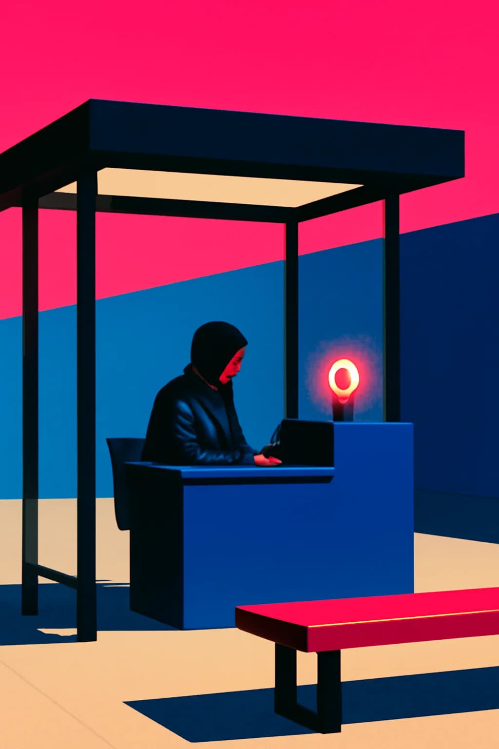 A realistic glass transit station in a desert at sunrise with warm light, long shadows, and a quiet futuristic mood. bold blocks of color arranged as a readable feed-first scene
