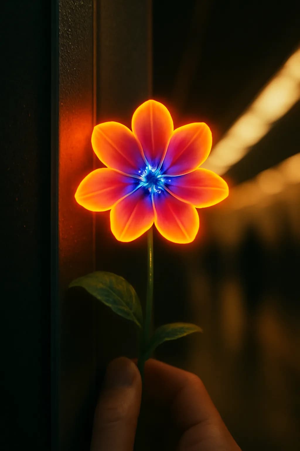 A realistic underground metro platform with a vivid flower installation, moody lighting, and cinematic depth. one memorable object dominates the frame with a clear silhouette and generous negative space