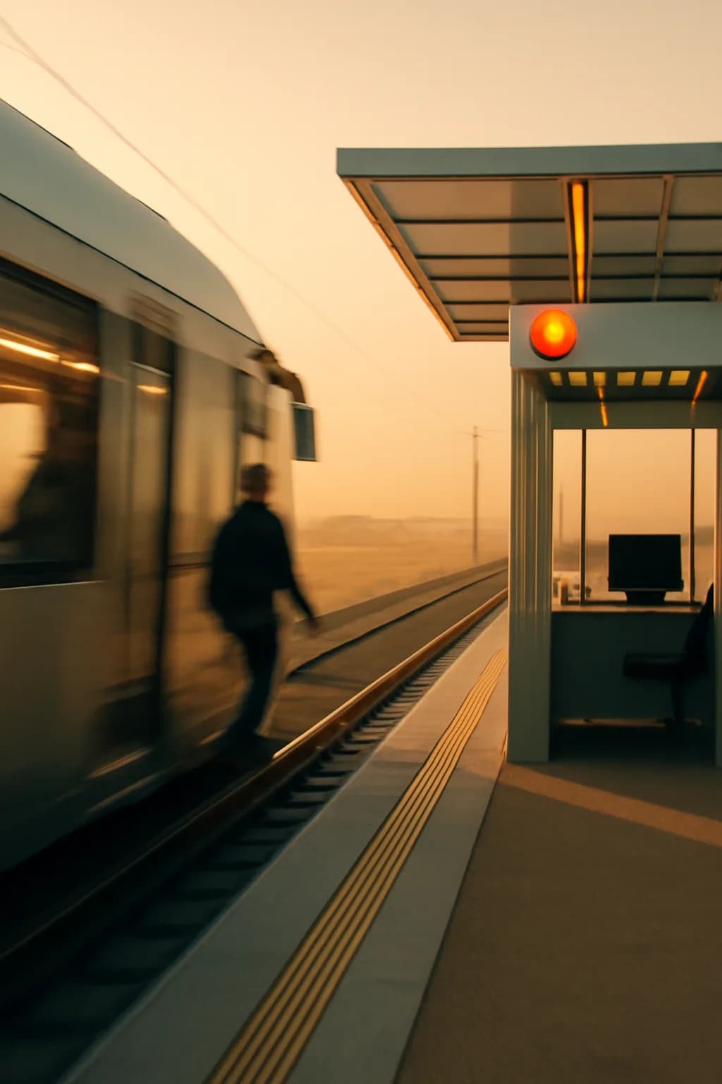 A realistic glass transit station in a desert at sunrise with warm light, long shadows, and a quiet futuristic mood. a fast transit-adjacent glimpse with strong leading lines