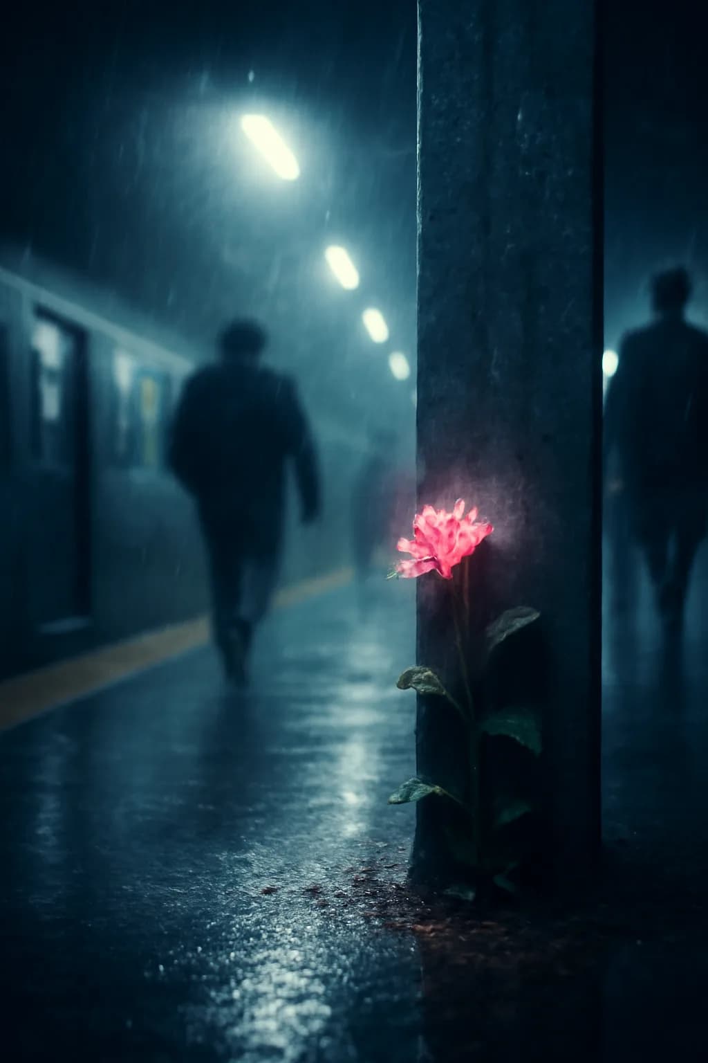 A realistic underground metro platform with a vivid flower installation, moody lighting, and cinematic depth. a normal place interrupted by one precise weather event