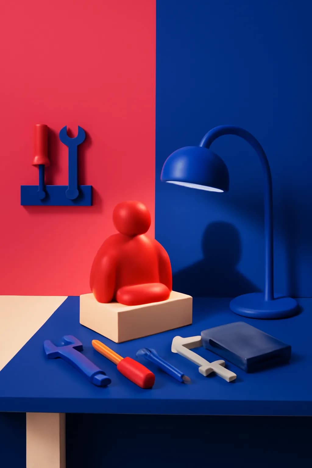 A realistic small workshop at night with warm lamps, precise tools, dust particles, and a cinematic handmade mood. bold blocks of color arranged as a readable feed-first scene