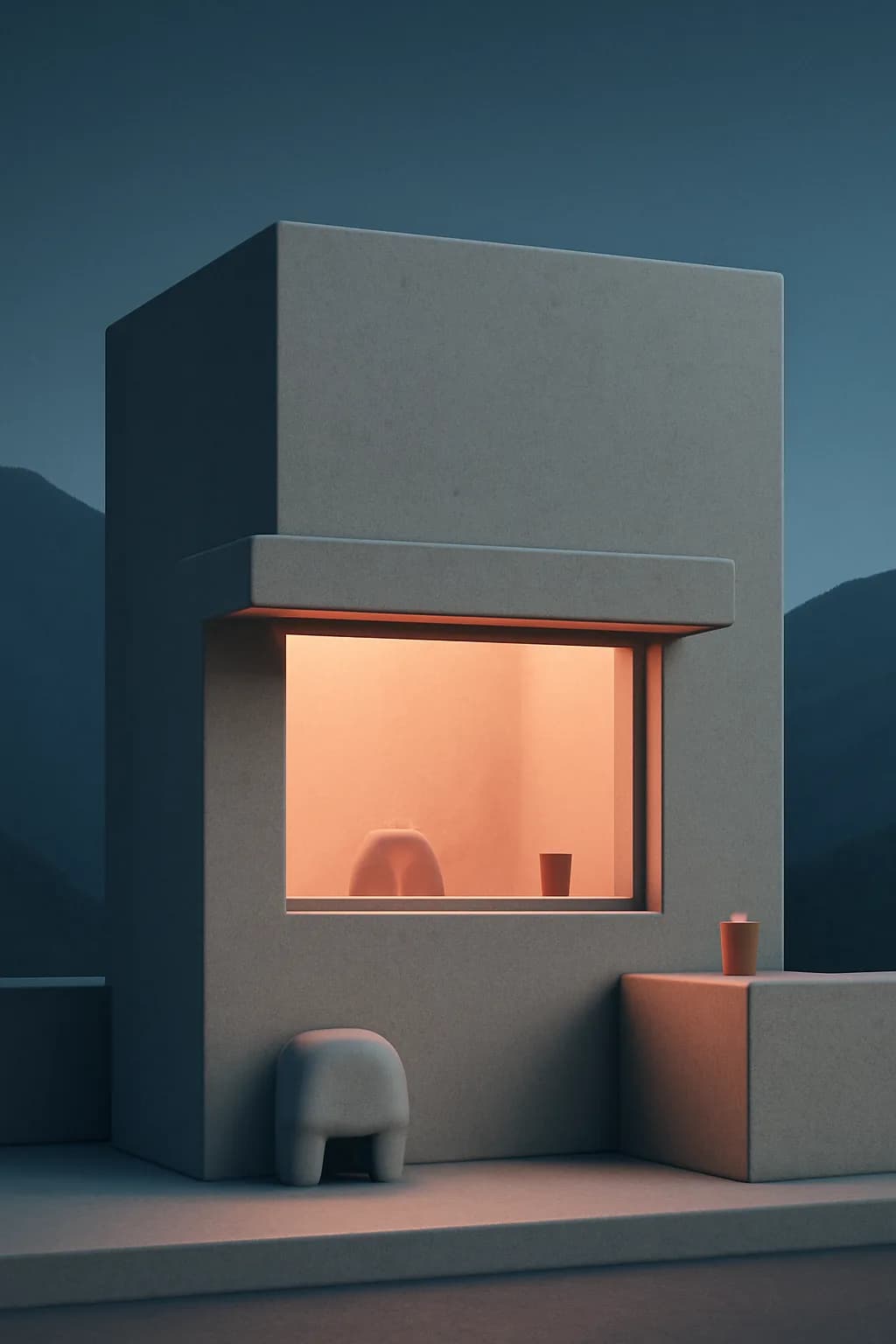 A realistic roadside mountain diner at blue hour with glowing windows, parked cars, mist, and quiet atmosphere. clean architectural geometry with one small emotional detail