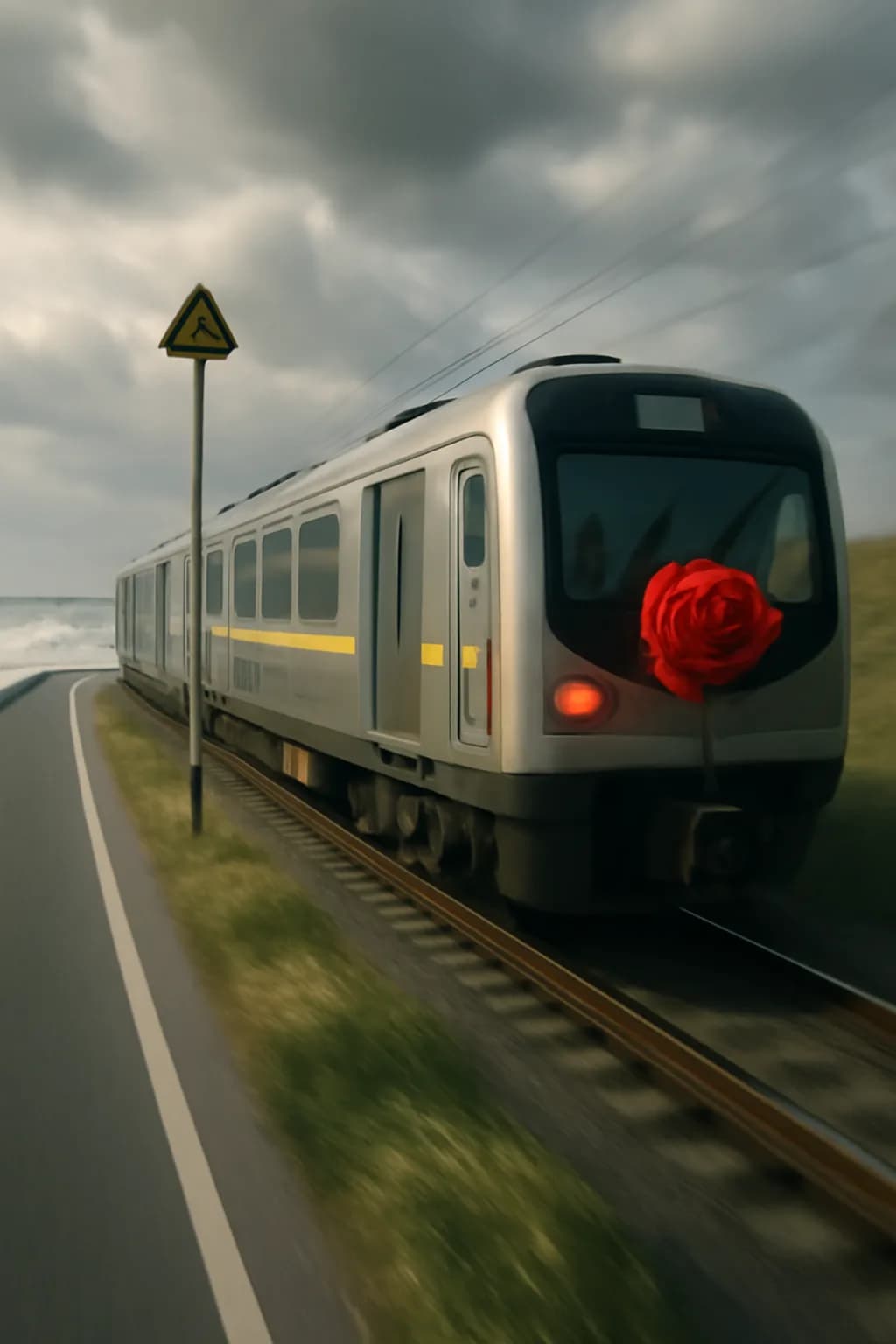 A realistic coastal road with sea spray, wind-shaped grass, dramatic sky, and a clean cinematic composition. a fast transit-adjacent glimpse with strong leading lines