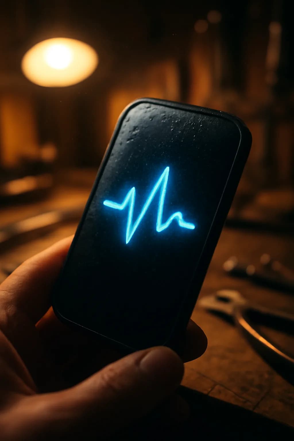 A realistic small workshop at night with warm lamps, precise tools, dust particles, and a cinematic handmade mood. one memorable object dominates the frame with a clear silhouette and generous negative space