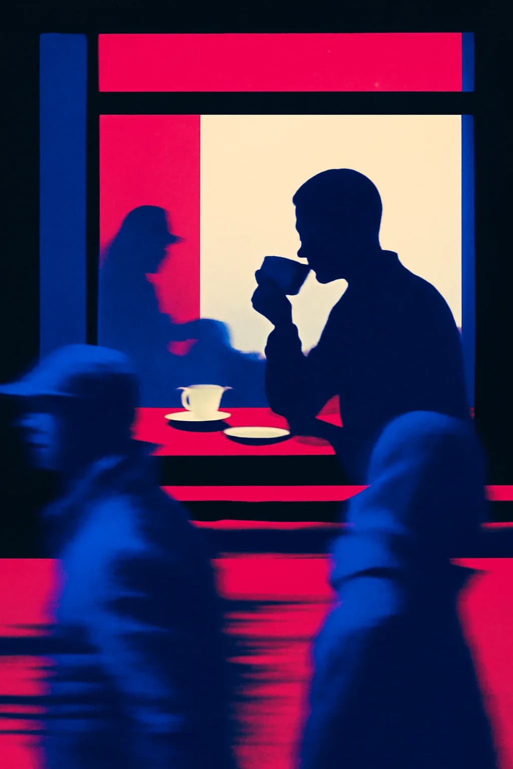 A realistic cafe window at morning rush with layered reflections, coffee cups, pedestrians, and soft street light. bold blocks of color arranged as a readable feed-first scene