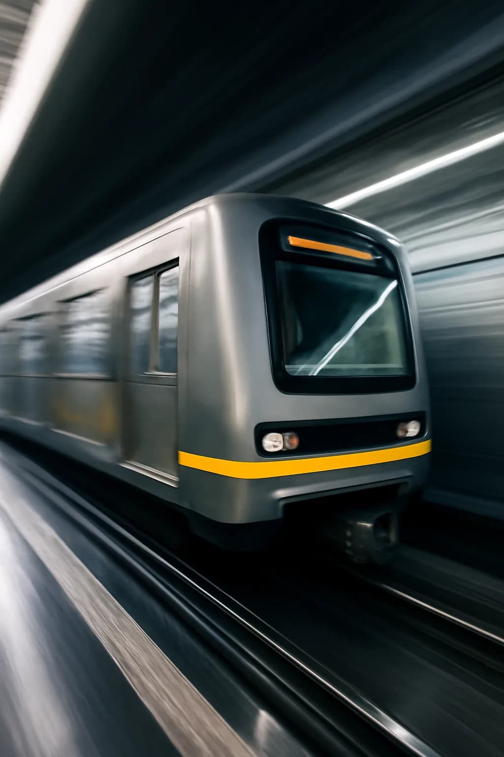 A realistic small workshop at night with warm lamps, precise tools, dust particles, and a cinematic handmade mood. a fast transit-adjacent glimpse with strong leading lines
