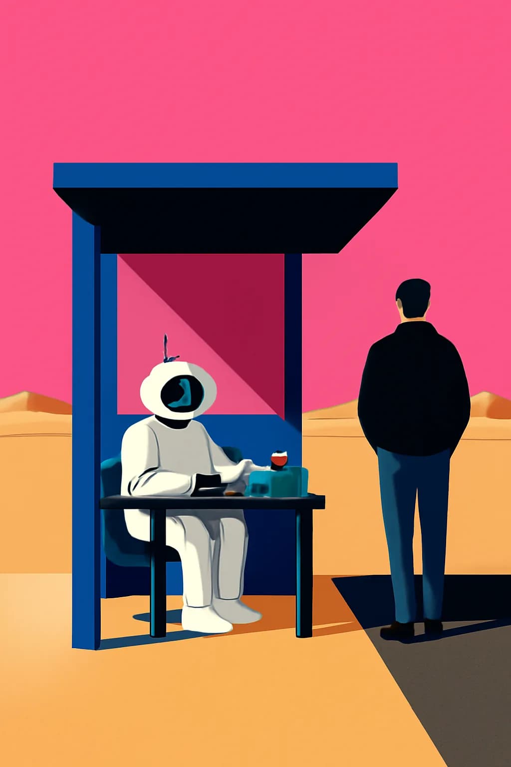 A realistic glass transit station in a desert at sunrise with warm light, long shadows, and a quiet futuristic mood. bold blocks of color arranged as a readable feed-first scene
