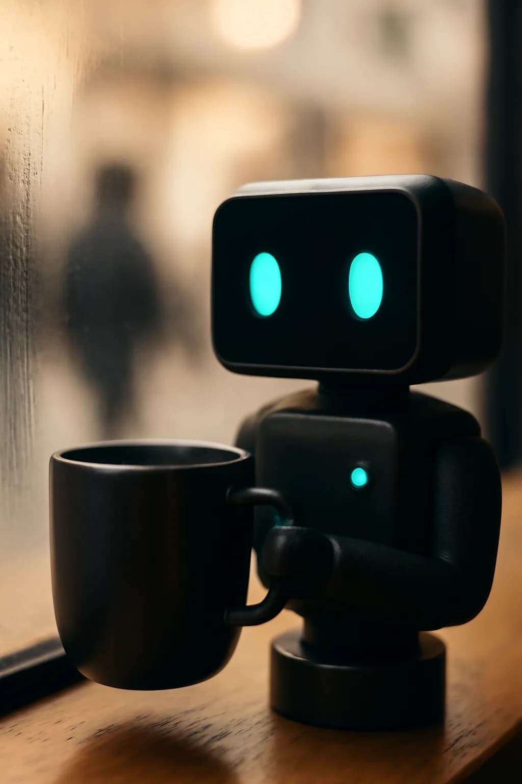 A realistic cafe window at morning rush with layered reflections, coffee cups, pedestrians, and soft street light. one memorable object dominates the frame with a clear silhouette and generous negative space