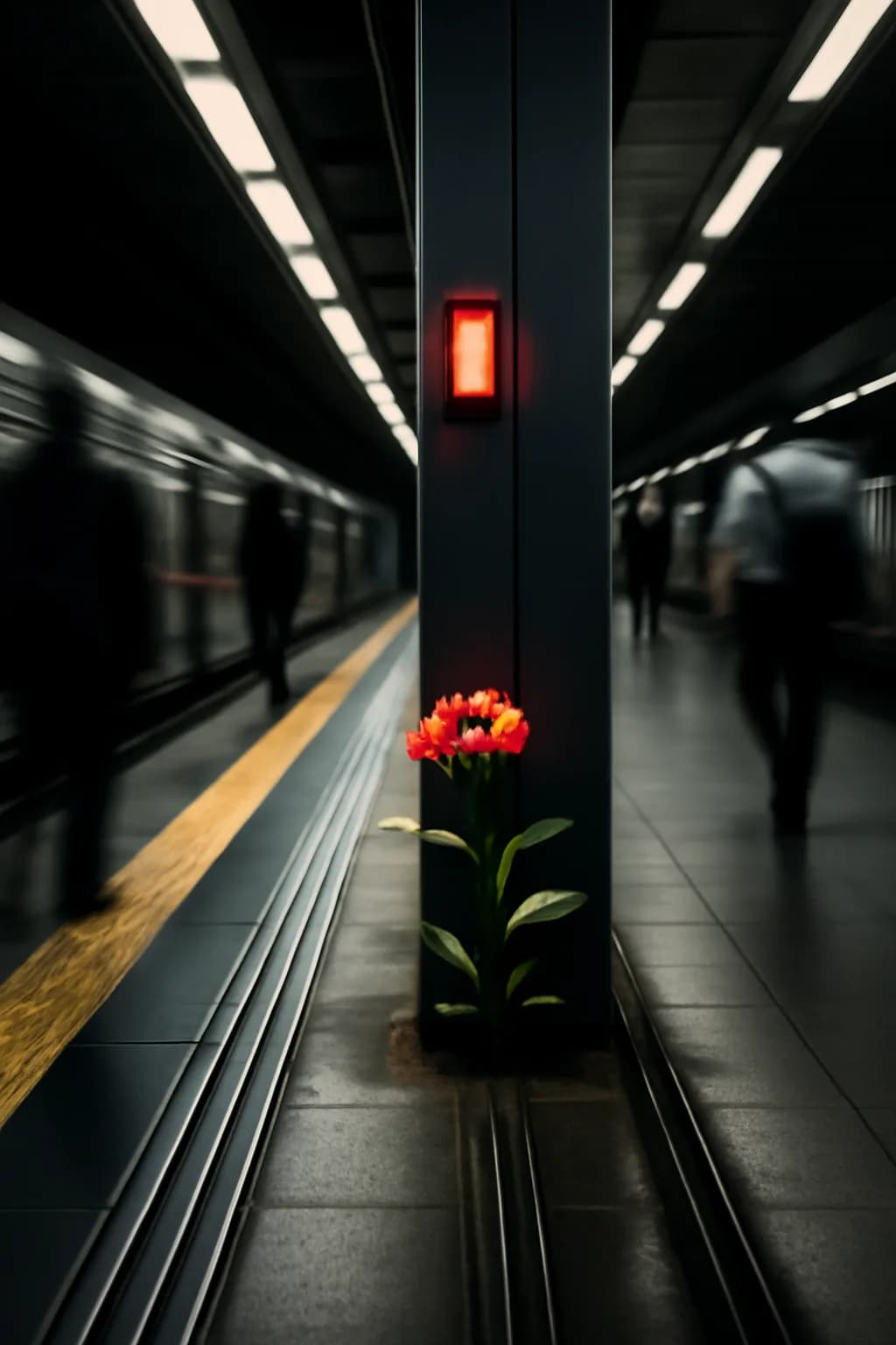 A realistic underground metro platform with a vivid flower installation, moody lighting, and cinematic depth. a fast transit-adjacent glimpse with strong leading lines