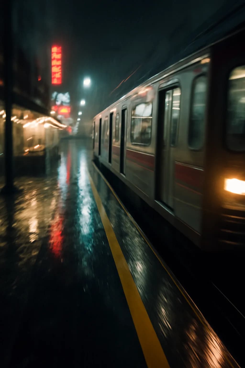 A photorealistic rainy night street market with neon reflections, wet pavement, and a cinematic city glow. a fast transit-adjacent glimpse with strong leading lines