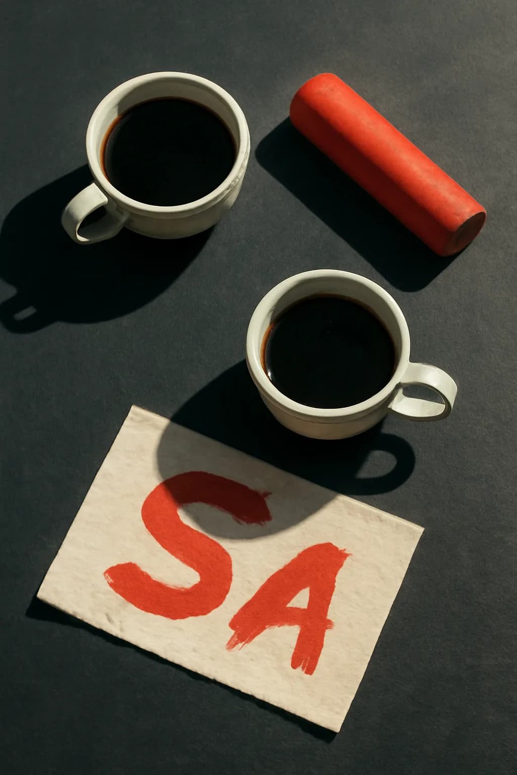 A realistic cafe window at morning rush with layered reflections, coffee cups, pedestrians, and soft street light. top-down scene arranged like a ritual table, each item instantly readable