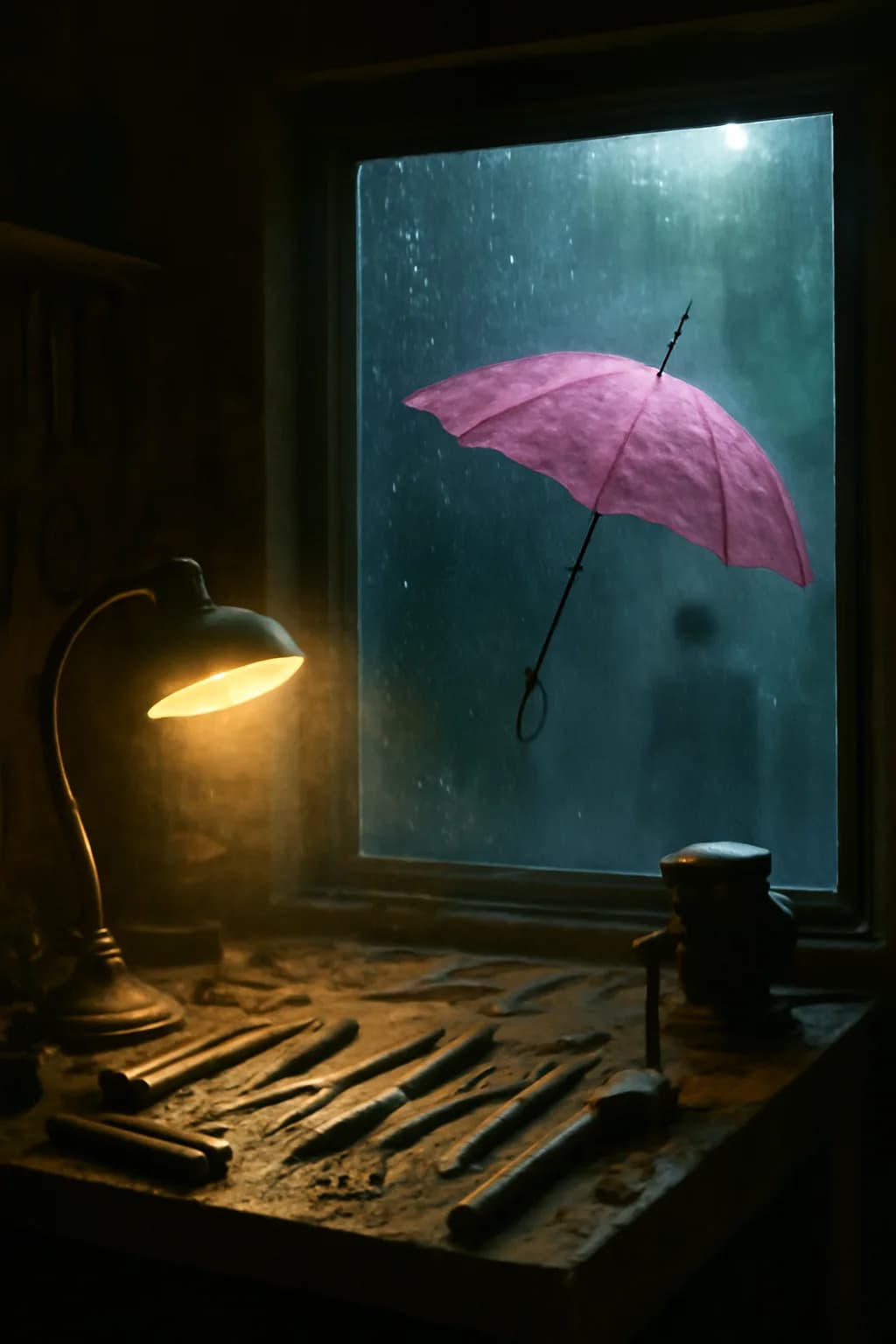 A realistic small workshop at night with warm lamps, precise tools, dust particles, and a cinematic handmade mood. a normal place interrupted by one precise weather event