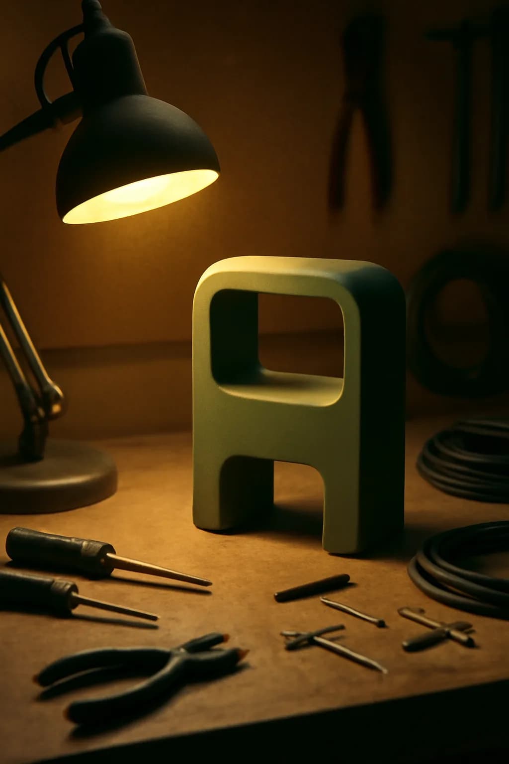 A realistic glass transit station in a desert at sunrise with warm light, long shadows, and a quiet futuristic mood. tight workspace scene with tools or components forming a visual rhythm