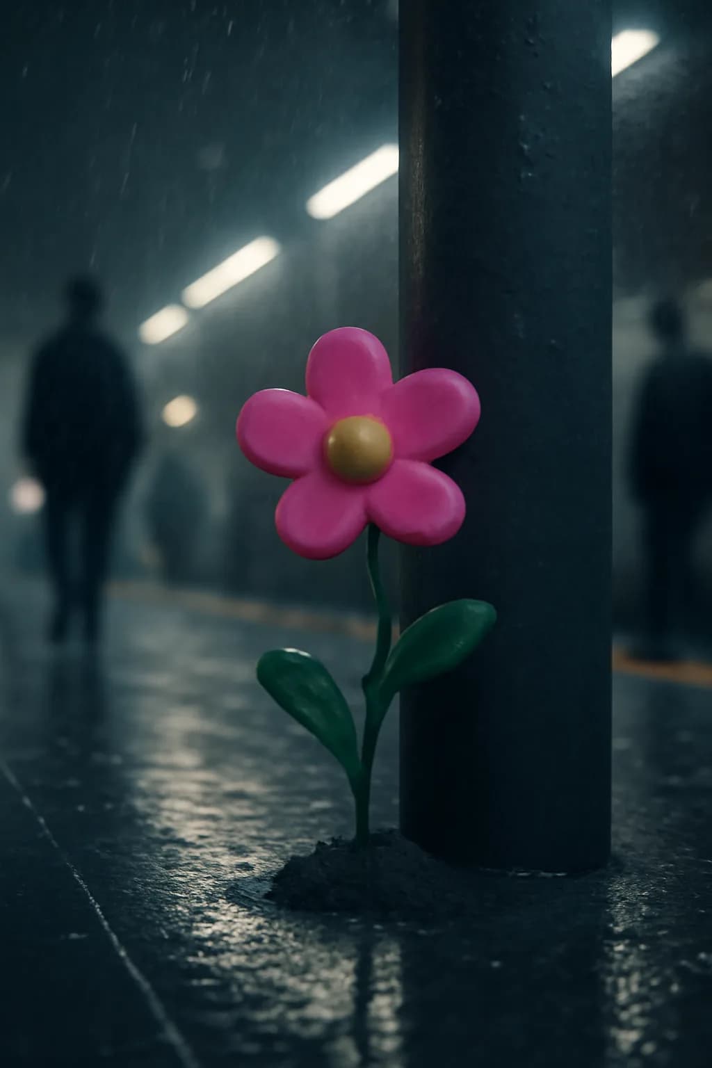 A realistic underground metro platform with a vivid flower installation, moody lighting, and cinematic depth. a normal place interrupted by one precise weather event
