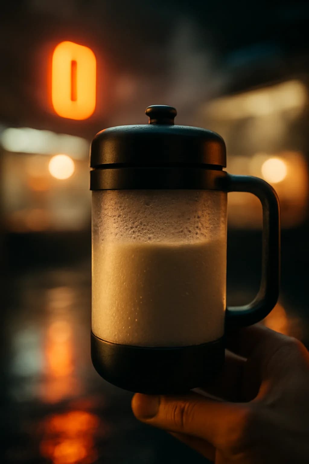 A photorealistic rainy night street market with neon reflections, wet pavement, and a cinematic city glow. one memorable object dominates the frame with a clear silhouette and generous negative space