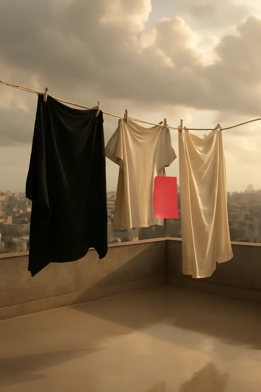 A realistic rooftop laundry line above a dense city, with dramatic clouds, soft wind, and glowing late afternoon light. one impossible detail inside an otherwise believable everyday scene