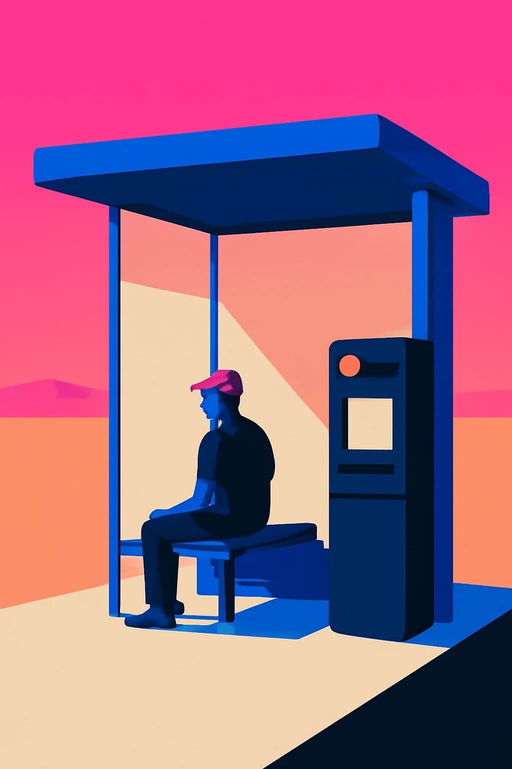 A realistic glass transit station in a desert at sunrise with warm light, long shadows, and a quiet futuristic mood. bold blocks of color arranged as a readable feed-first scene