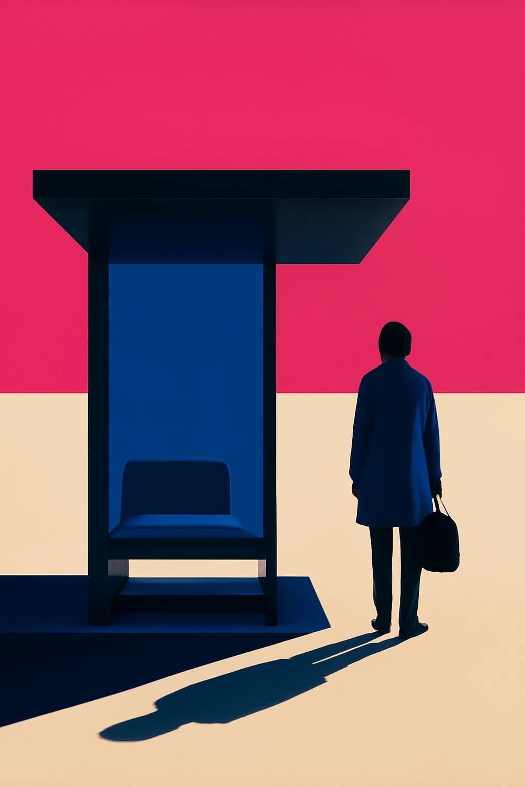 A realistic glass transit station in a desert at sunrise with warm light, long shadows, and a quiet futuristic mood. bold blocks of color arranged as a readable feed-first scene