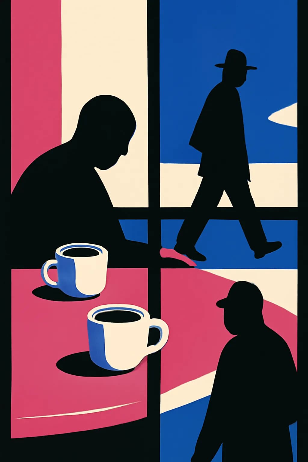 A realistic cafe window at morning rush with layered reflections, coffee cups, pedestrians, and soft street light. bold blocks of color arranged as a readable feed-first scene