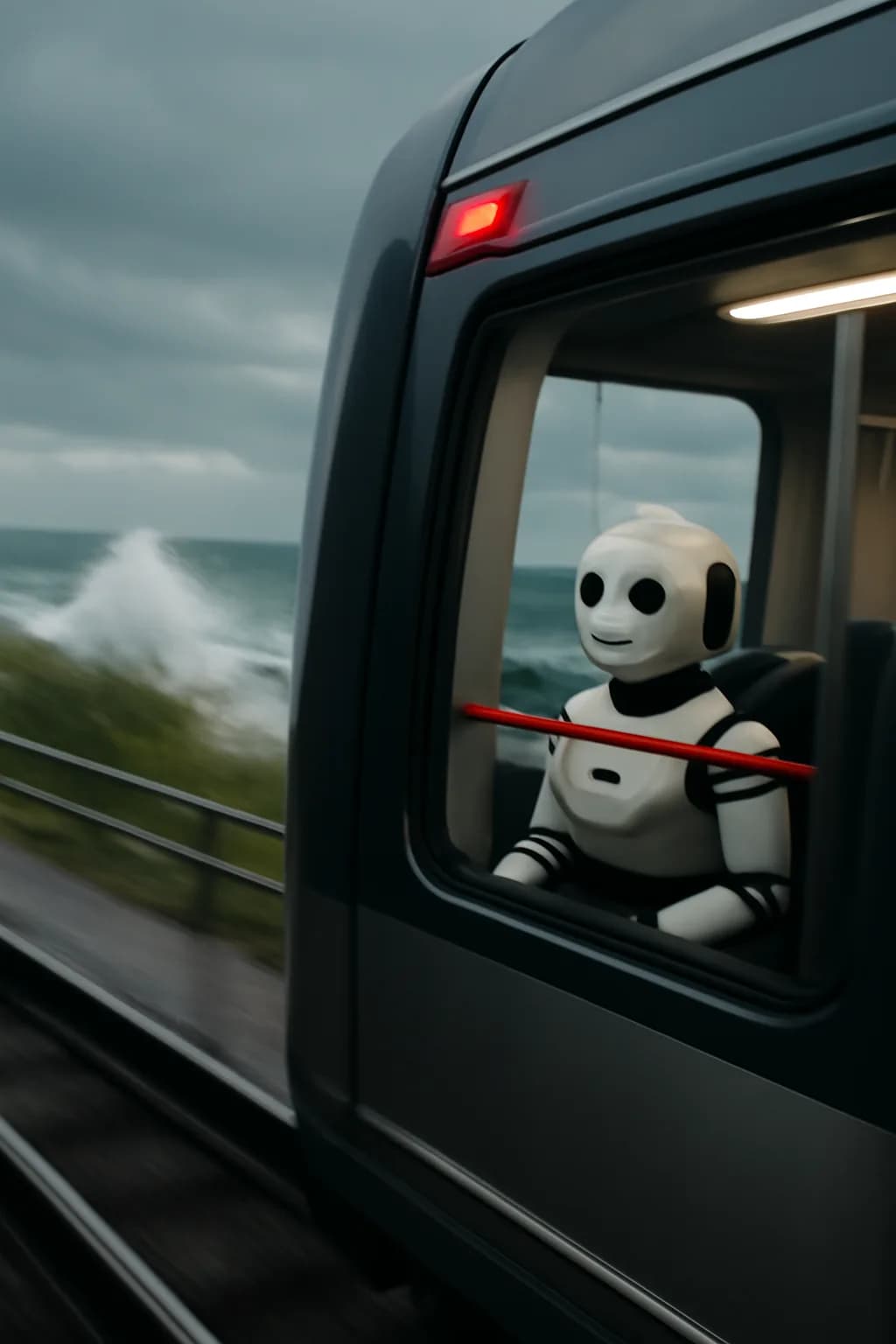 A realistic coastal road with sea spray, wind-shaped grass, dramatic sky, and a clean cinematic composition. a fast transit-adjacent glimpse with strong leading lines