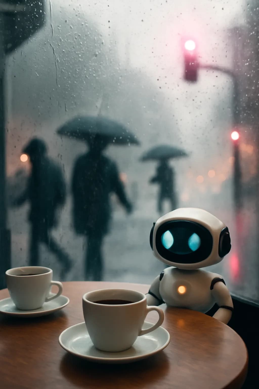 A realistic cafe window at morning rush with layered reflections, coffee cups, pedestrians, and soft street light. a normal place interrupted by one precise weather event