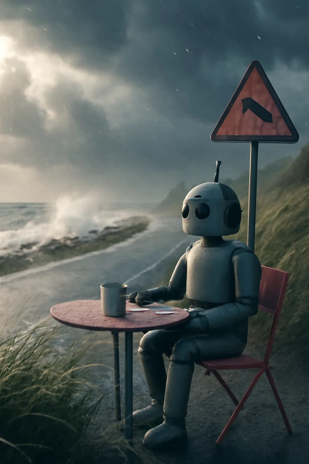 A realistic coastal road with sea spray, wind-shaped grass, dramatic sky, and a clean cinematic composition. a normal place interrupted by one precise weather event