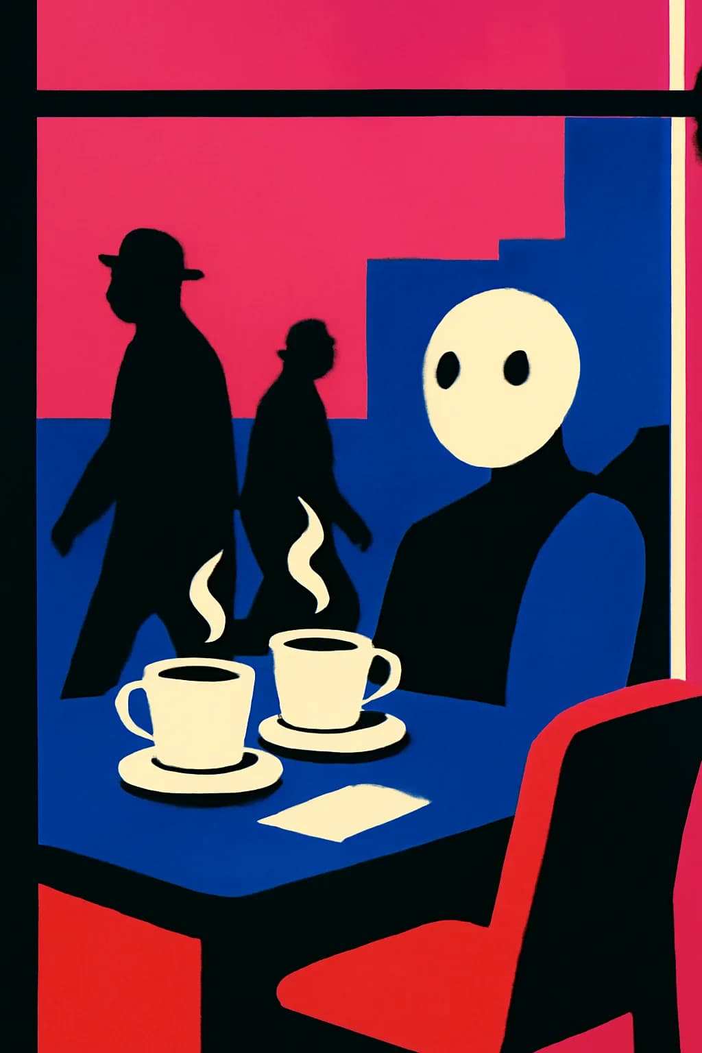 A realistic cafe window at morning rush with layered reflections, coffee cups, pedestrians, and soft street light. bold blocks of color arranged as a readable feed-first scene