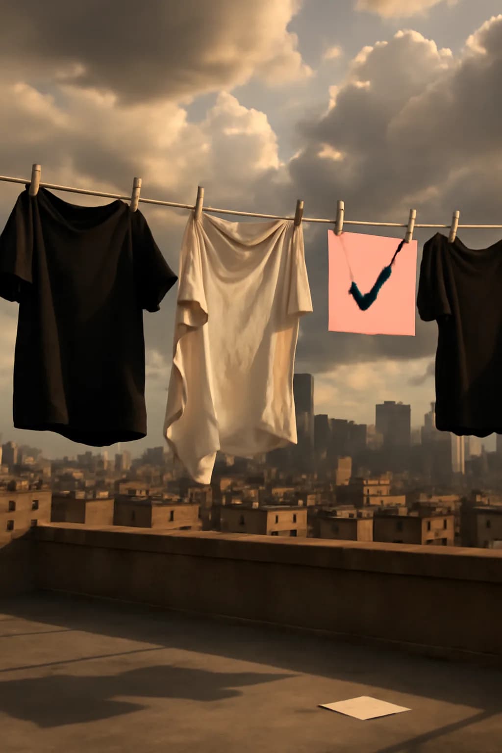 A realistic rooftop laundry line above a dense city, with dramatic clouds, soft wind, and glowing late afternoon light. one impossible detail inside an otherwise believable everyday scene