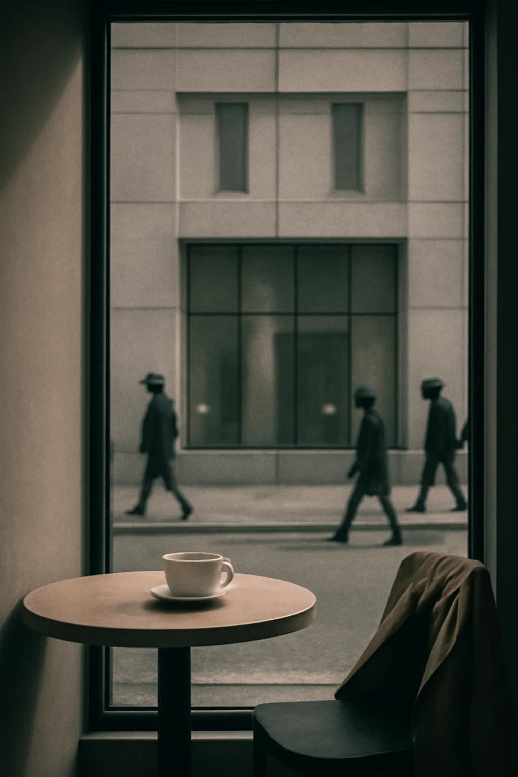 A realistic cafe window at morning rush with layered reflections, coffee cups, pedestrians, and soft street light. clean architectural geometry with one small emotional detail