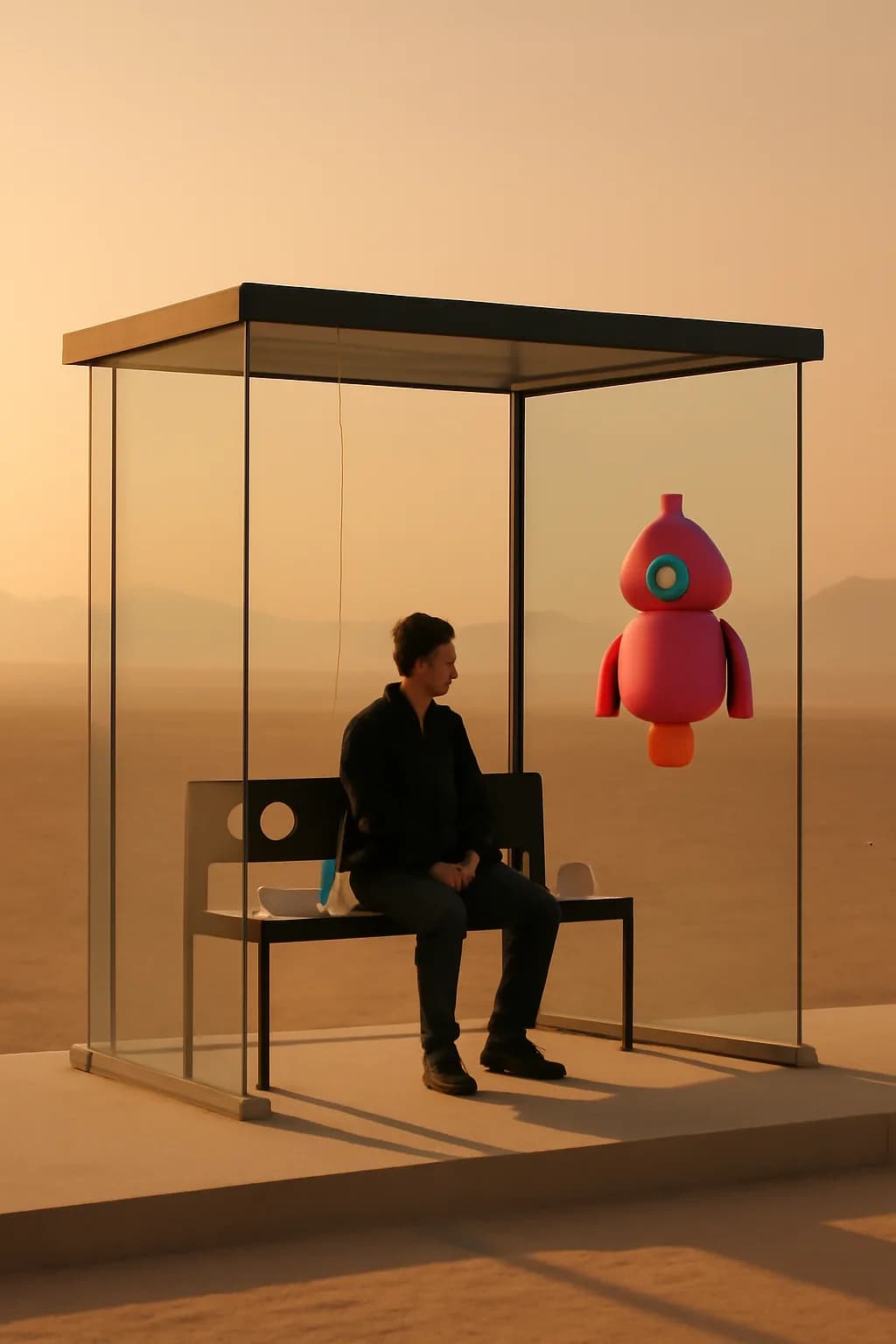 A realistic glass transit station in a desert at sunrise with warm light, long shadows, and a quiet futuristic mood. one impossible detail inside an otherwise believable everyday scene