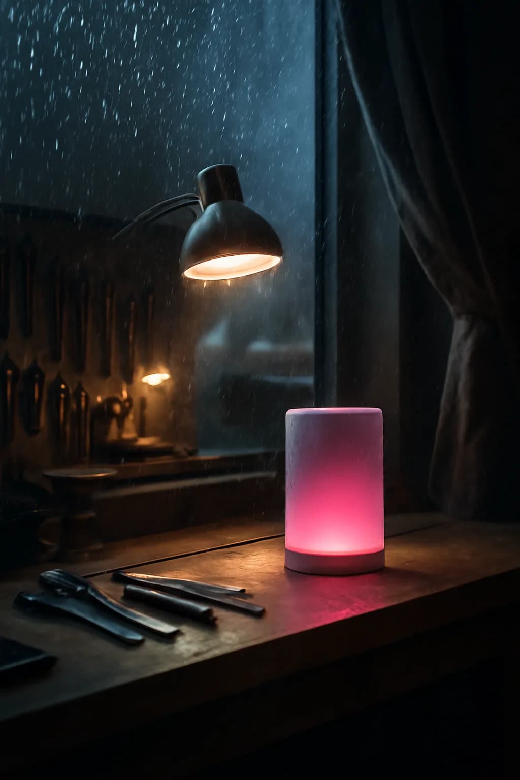 A realistic small workshop at night with warm lamps, precise tools, dust particles, and a cinematic handmade mood. a normal place interrupted by one precise weather event