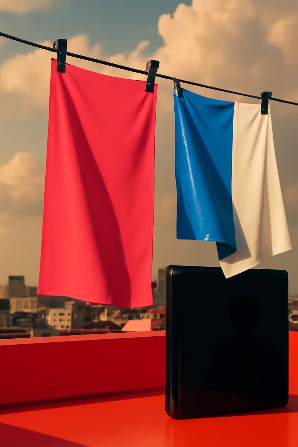 A realistic rooftop laundry line above a dense city, with dramatic clouds, soft wind, and glowing late afternoon light. bold blocks of color arranged as a readable feed-first scene